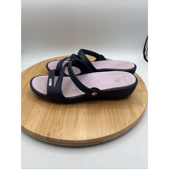 Crocs Women's Patricia Navy Blue Lavender Slide Wedge Heel Sandals Size 6 - Picture 4 of 10